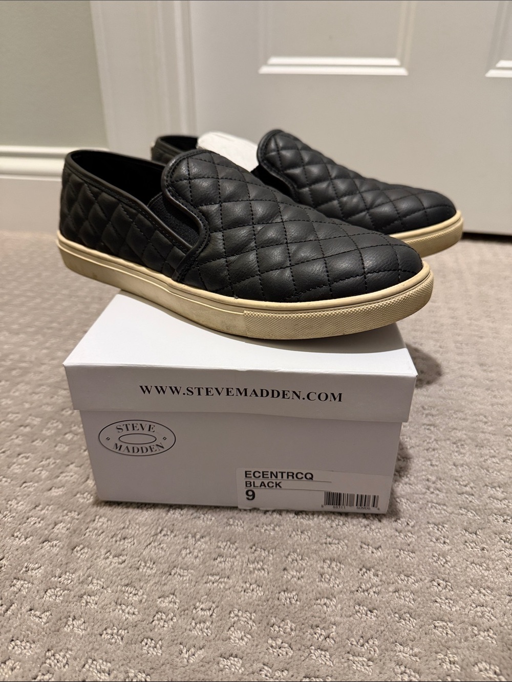 Steve Madden Black Quilted Leather Slip-On Sneakers with Cream Sole